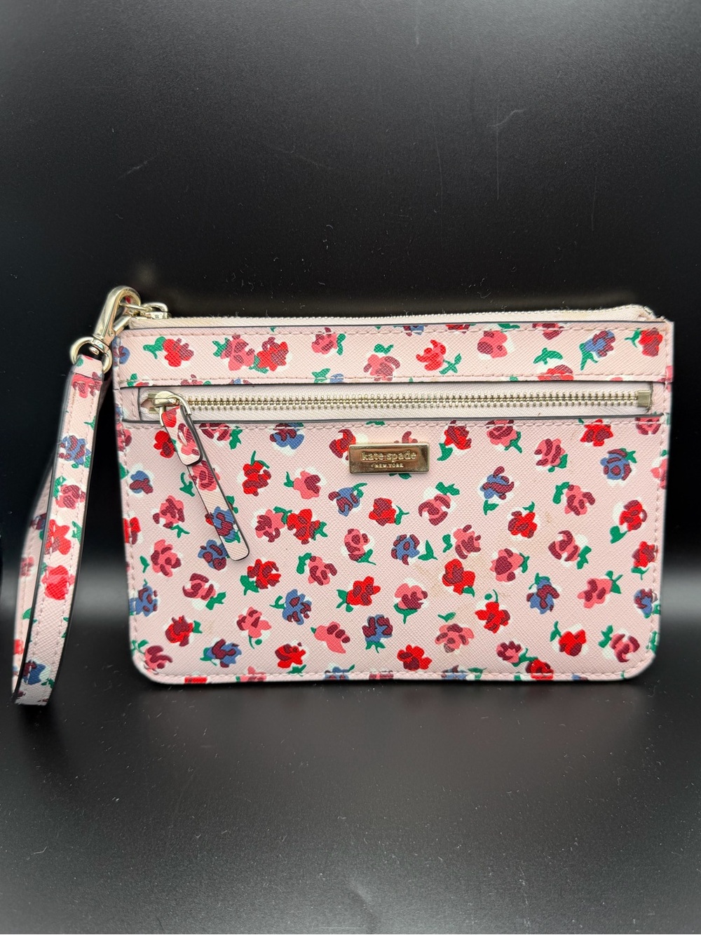 kate spade Pink Floral Zip Wristlet with Red and Blue Accents